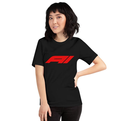 Product mockup photo of the AI for Racing Fans T Shirt (unisex).