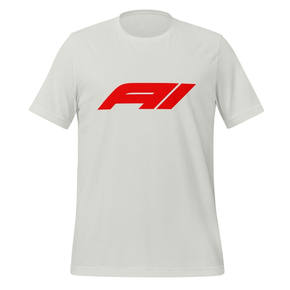 Product mockup photo of the AI for Racing Fans T Shirt (unisex) Silver / M.
