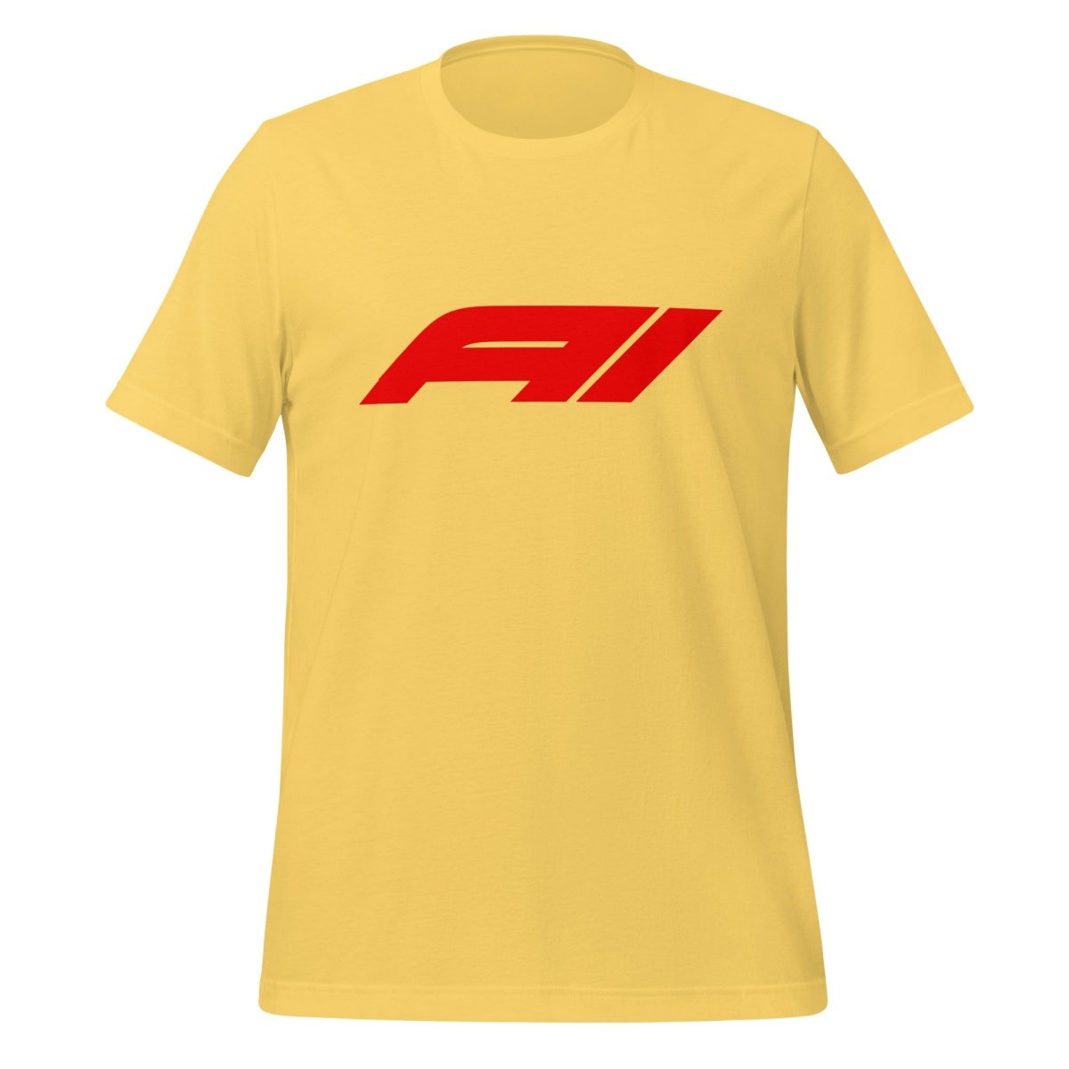 Product mockup photo of the AI for Racing Fans T Shirt (unisex) Yellow / M.