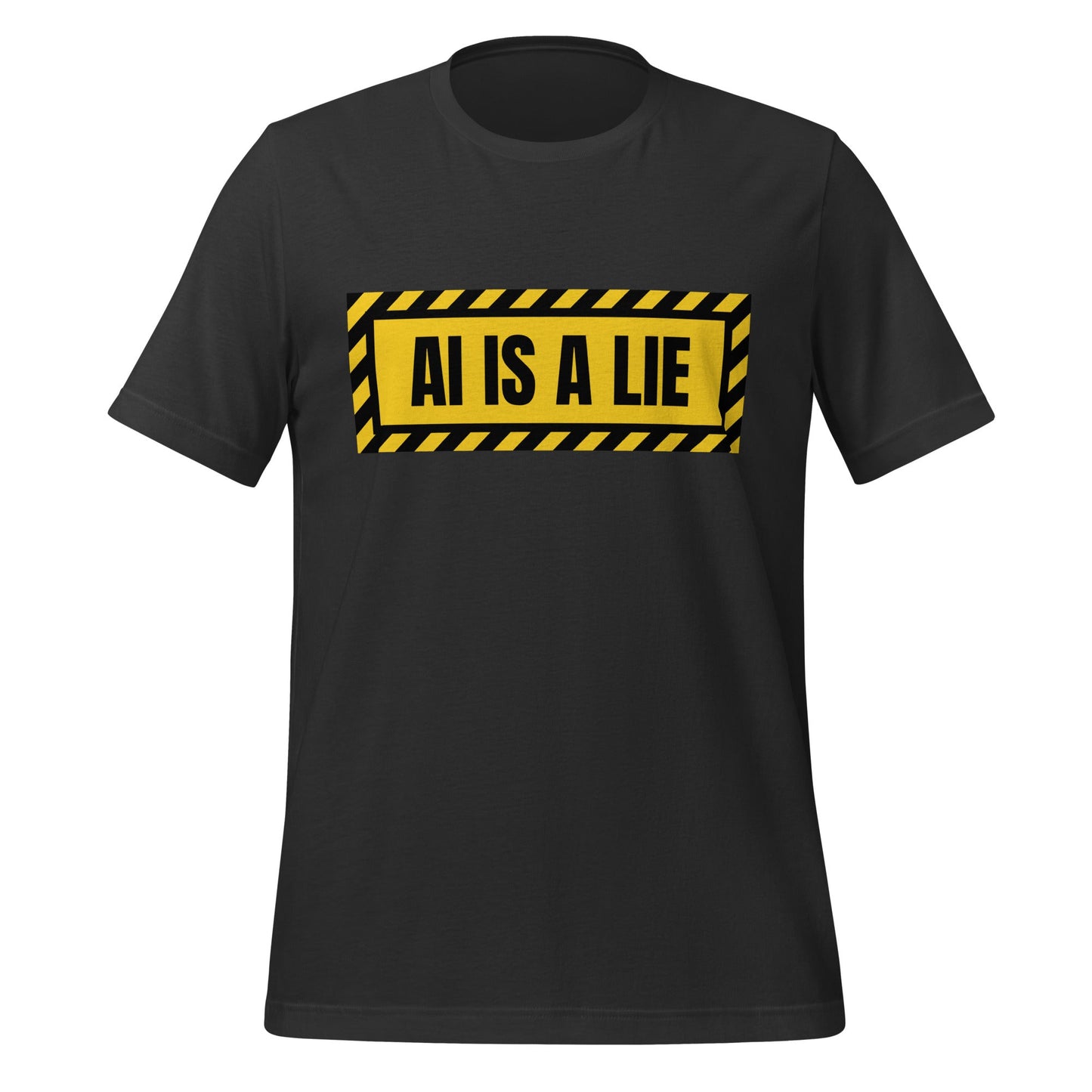 Product mockup photo of the AI IS A LIE Warning T Shirt (unisex) Dark Grey / M.