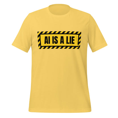 Product mockup photo of the AI IS A LIE Warning T Shirt (unisex) Yellow / M.
