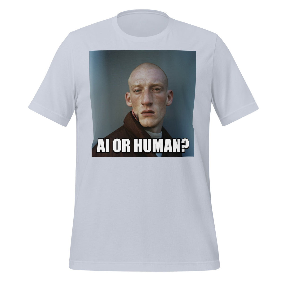 Image of the AI or Human? Portrait Meme T-Shirt (unisex) Light Blue / M.