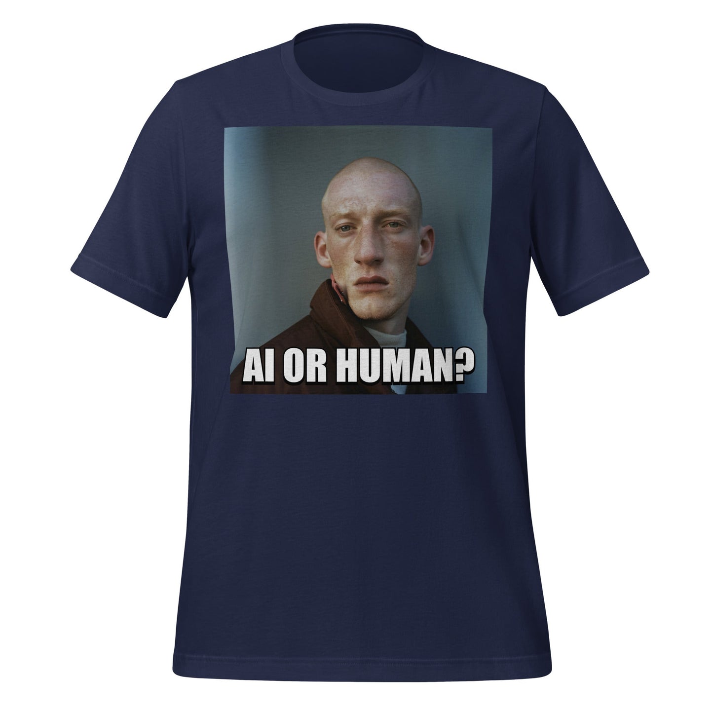 Image of the AI or Human? Portrait Meme T-Shirt (unisex) Navy / M.