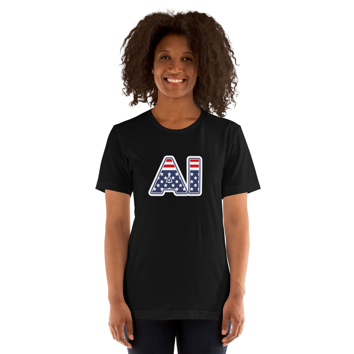 Product mockup photo of the AI Stars and Stripes T Shirt (unisex).