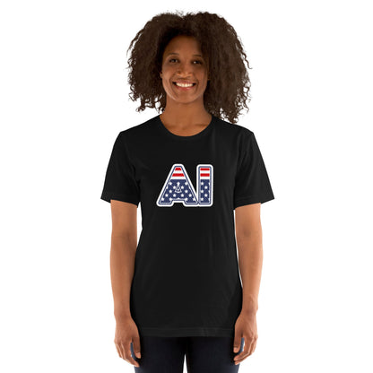 Product mockup photo of the AI Stars and Stripes T Shirt (unisex).