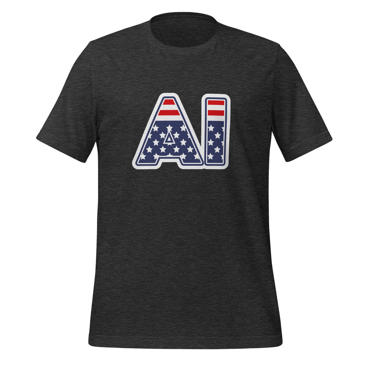 Product mockup photo of the AI Stars and Stripes T Shirt (unisex) Dark Grey Heather / M.