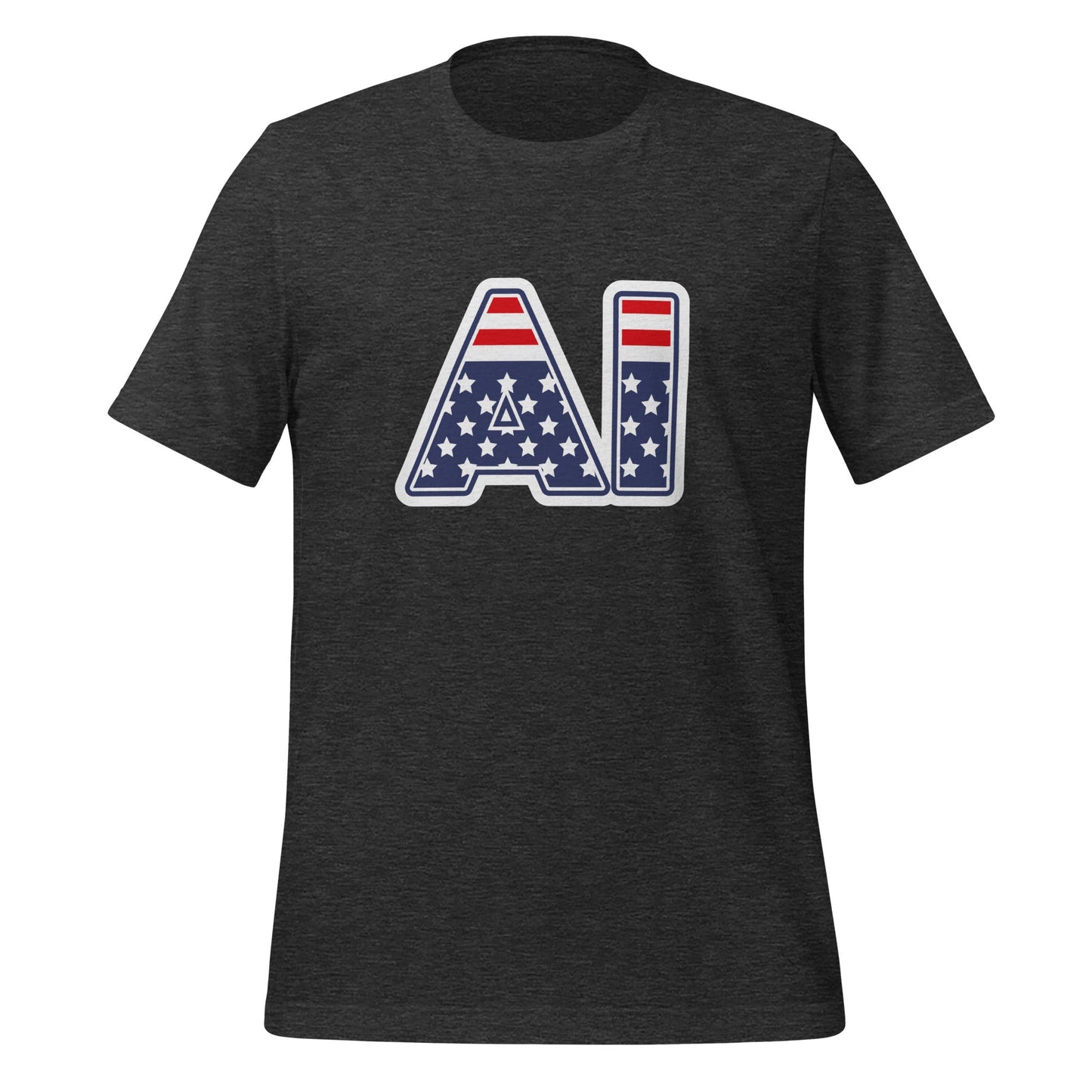 Product mockup photo of the AI Stars and Stripes T Shirt (unisex) Dark Grey Heather / M.