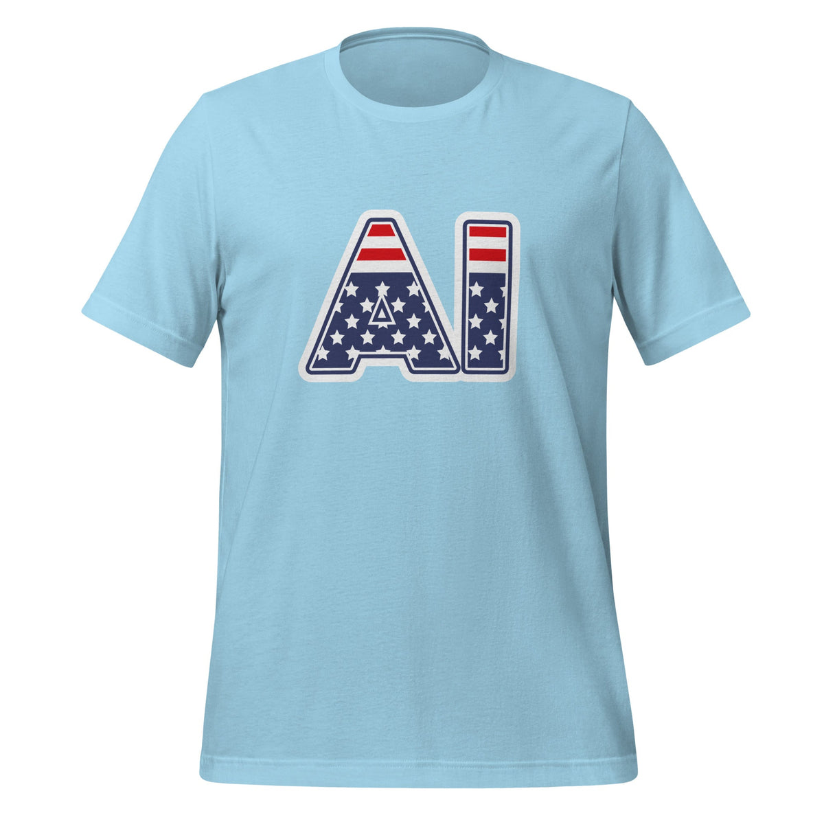 Product mockup photo of the AI Stars and Stripes T Shirt (unisex) Ocean Blue / M.