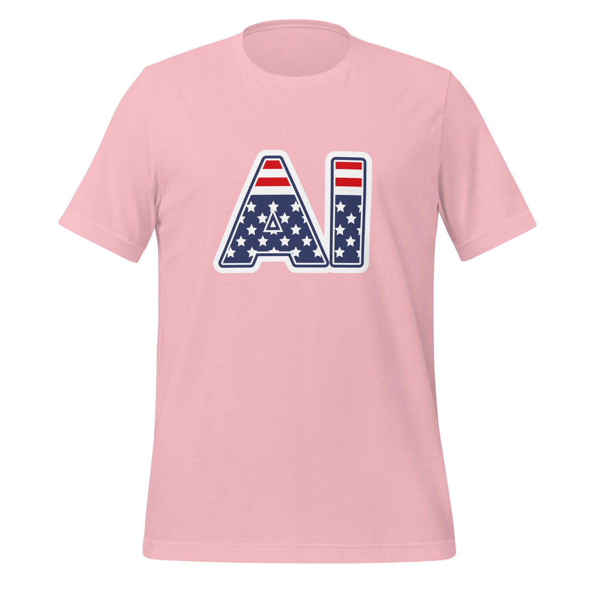 Product mockup photo of the AI Stars and Stripes T Shirt (unisex) Pink / M.