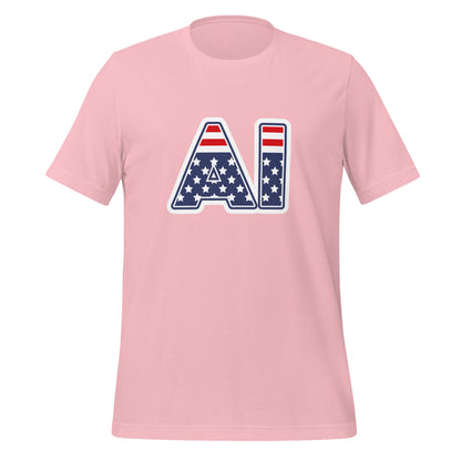 Product mockup photo of the AI Stars and Stripes T Shirt (unisex) Pink / M.