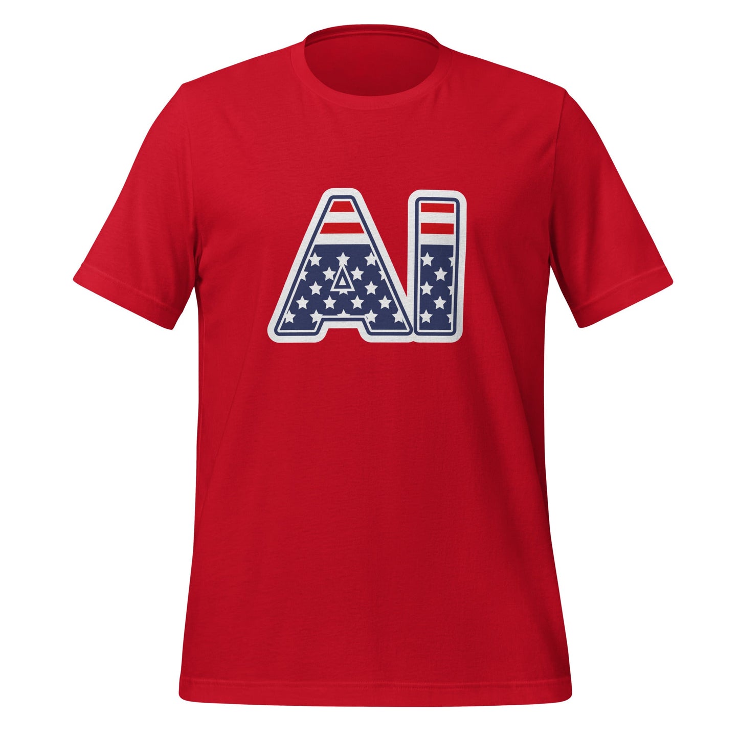 Product mockup photo of the AI Stars and Stripes T Shirt (unisex) Red / M.