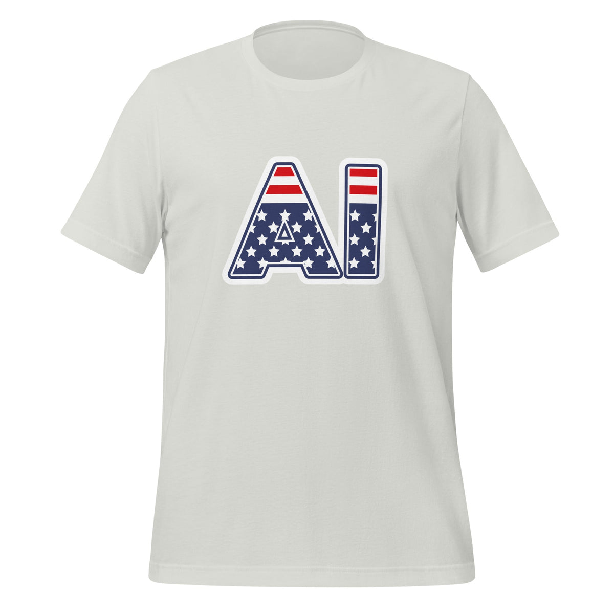 Product mockup photo of the AI Stars and Stripes T Shirt (unisex) Silver / M.