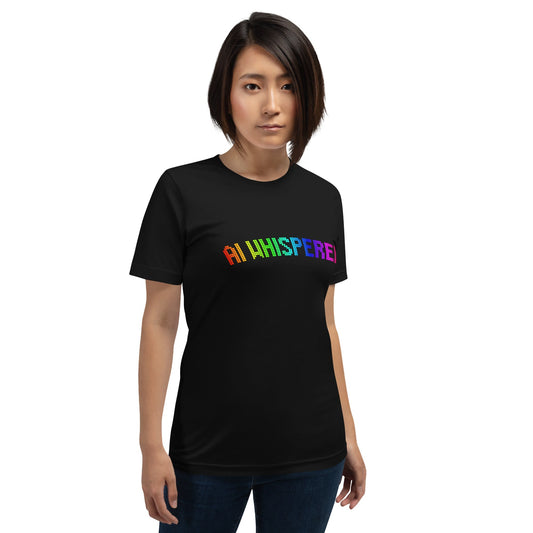 Product mockup photo of the AI WHISPERER Rainbow T Shirt (unisex).