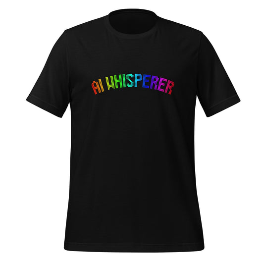 Product mockup photo of the AI WHISPERER Rainbow T Shirt (unisex) Black / M.