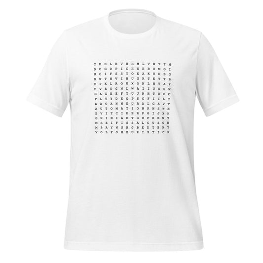 Product mockup photo of the AI Word Puzzle T Shirt (unisex) White / M.