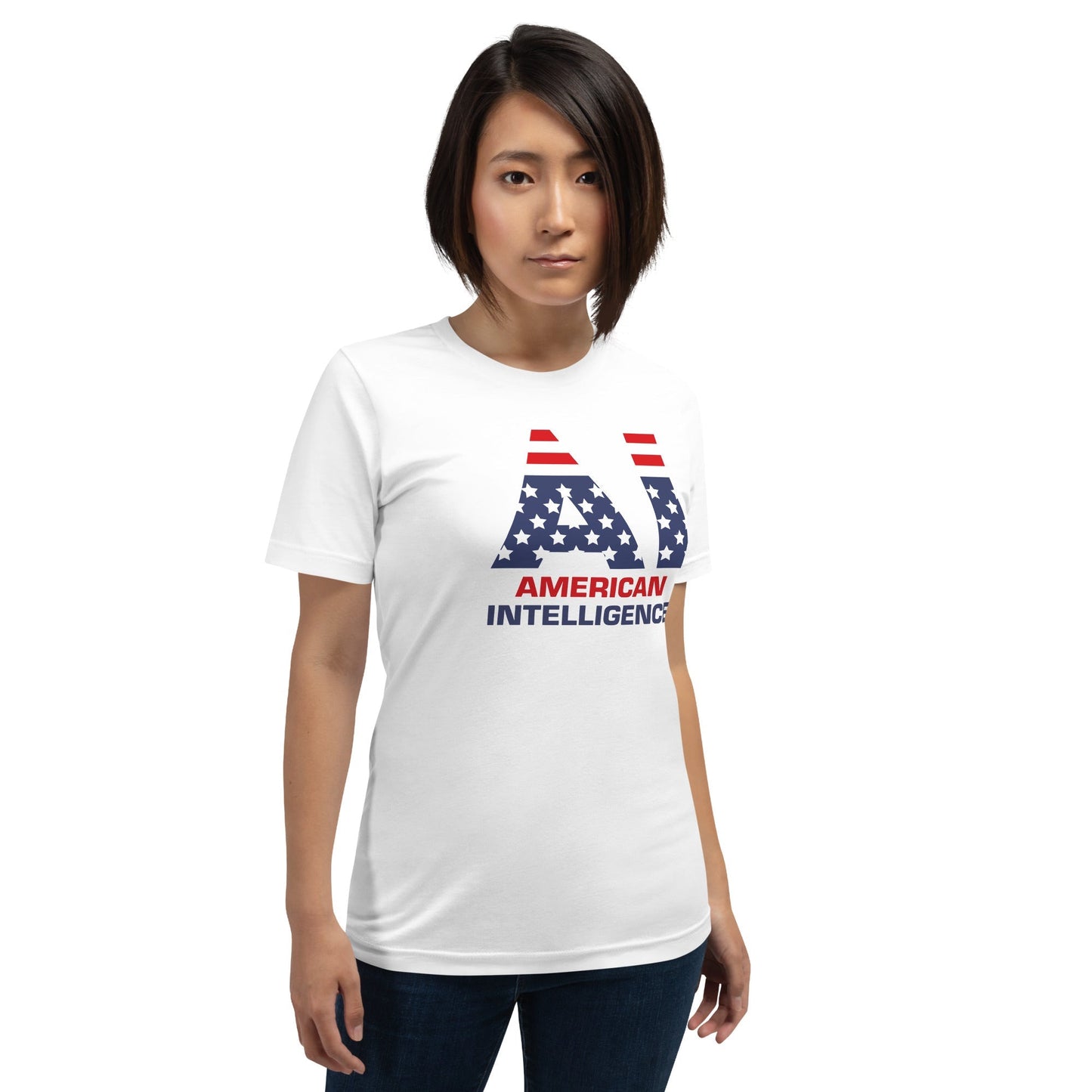 Product mockup photo of the American Intelligence T Shirt (unisex).