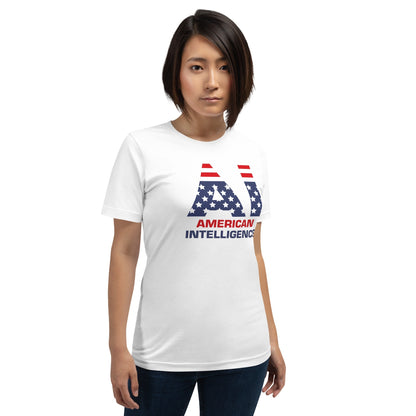 Product mockup photo of the American Intelligence T Shirt (unisex).
