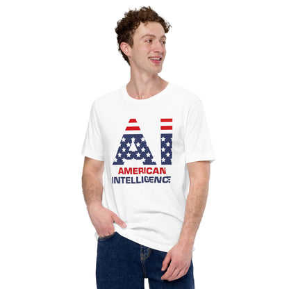 Product mockup photo of the American Intelligence T Shirt (unisex).