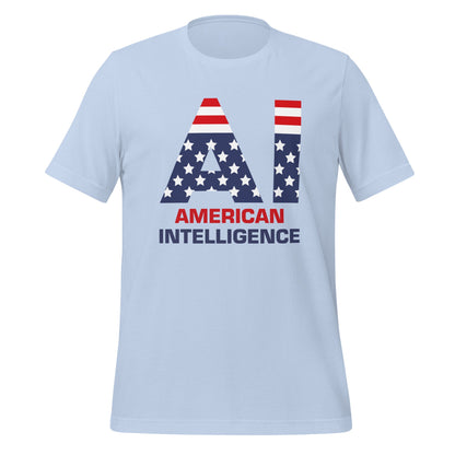 Product mockup photo of the American Intelligence T Shirt (unisex) Baby Blue / M.