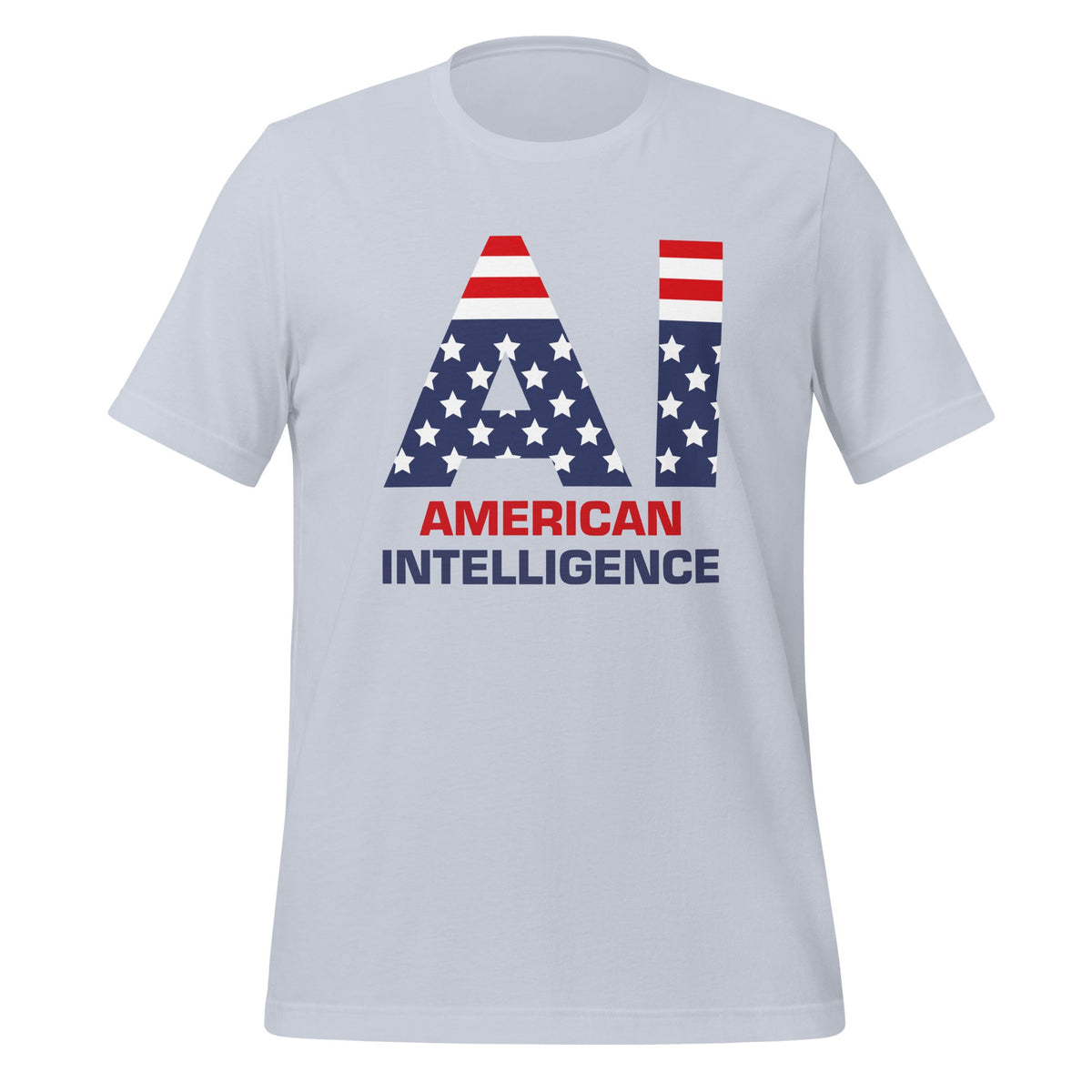 Product mockup photo of the American Intelligence T Shirt (unisex) Light Blue / M.