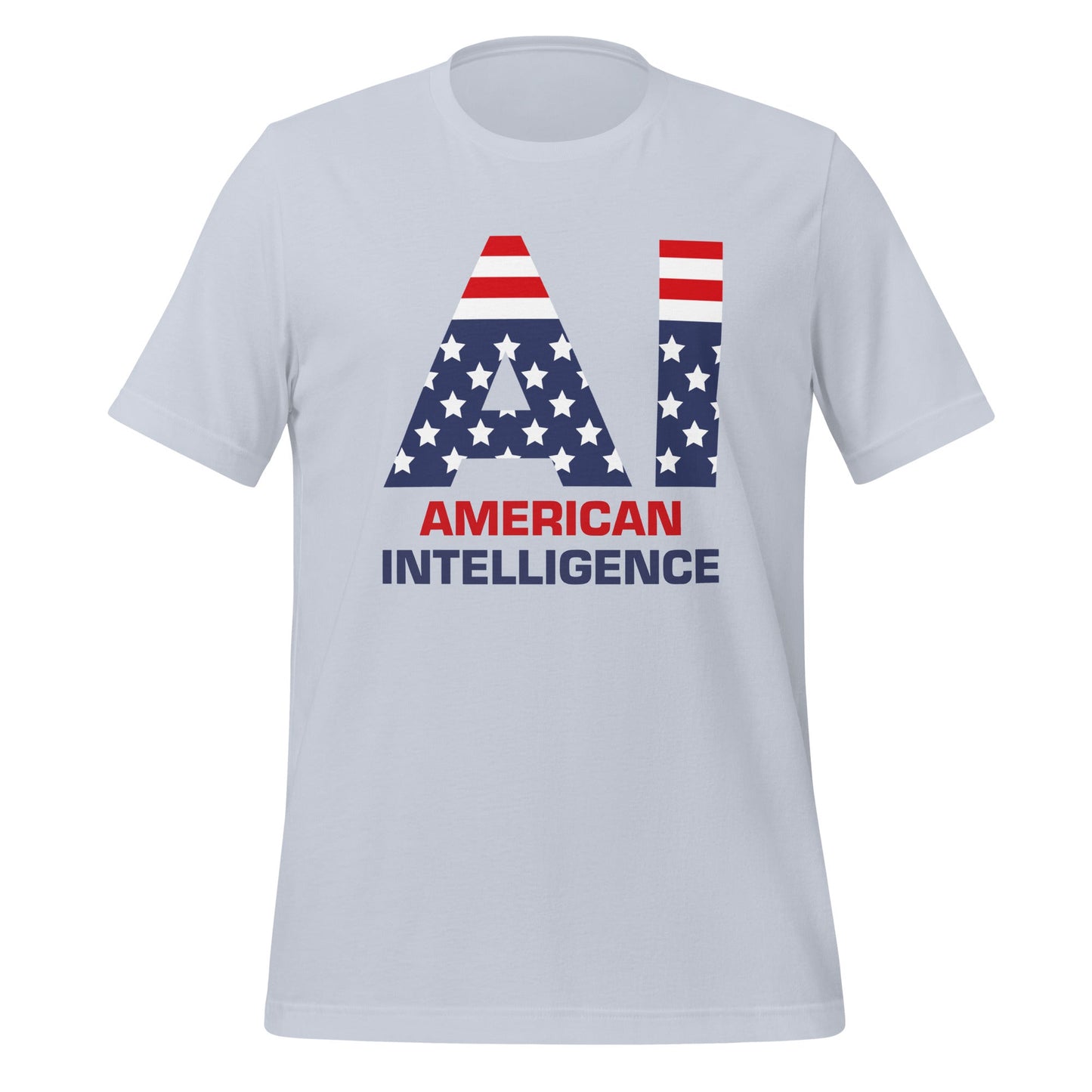 Product mockup photo of the American Intelligence T Shirt (unisex) Light Blue / M.