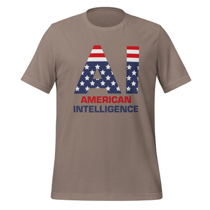 Product mockup photo of the American Intelligence T Shirt (unisex) Pebble / M.