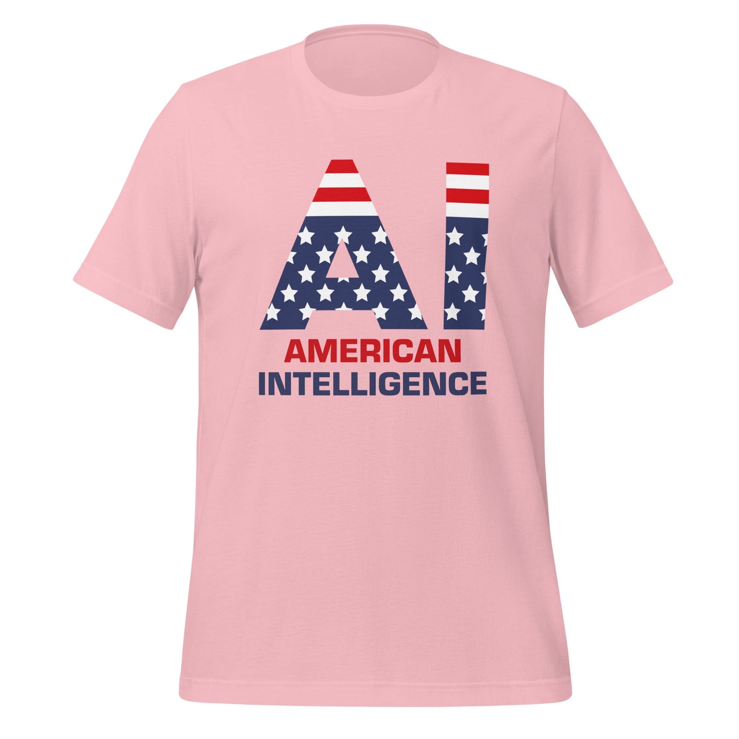 Product mockup photo of the American Intelligence T Shirt (unisex) Pink / M.