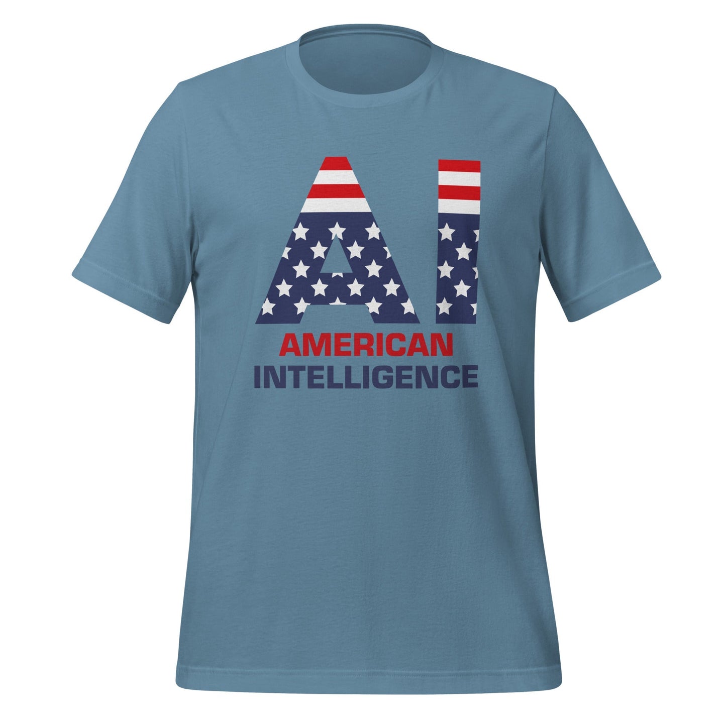 Product mockup photo of the American Intelligence T Shirt (unisex) Steel Blue / M.