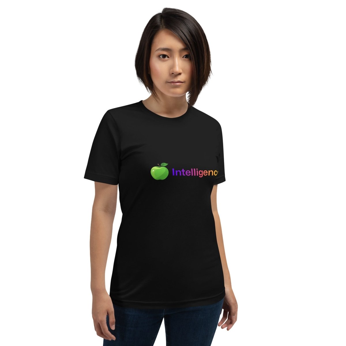 Product mockup photo of the Apple + Intelligence T Shirt (unisex).