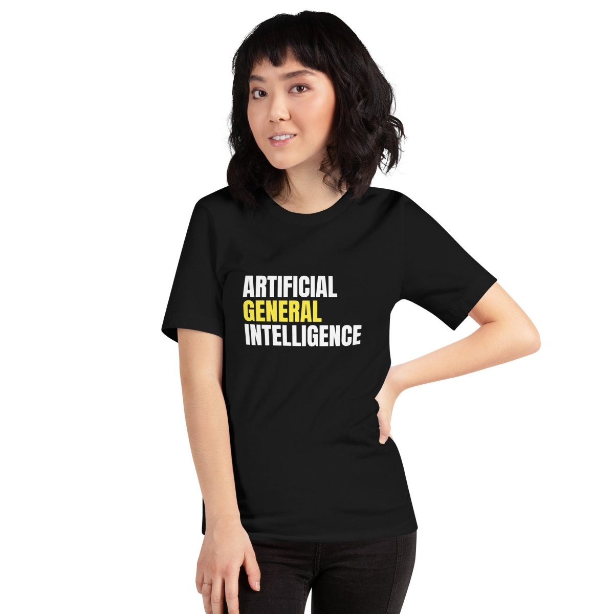 Product mockup photo of the Artificial General Intelligence Stacked (Yellow) T Shirt (unisex).