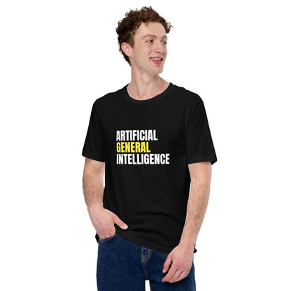 Product mockup photo of the Artificial General Intelligence Stacked (Yellow) T Shirt (unisex).