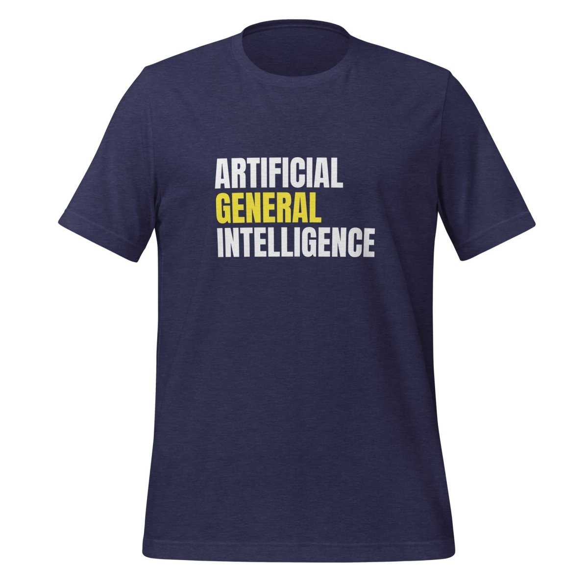 Product mockup photo of the Artificial General Intelligence Stacked (Yellow) T Shirt (unisex) Heather Midnight Navy / M.