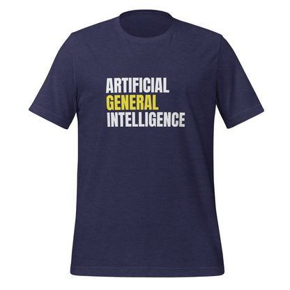 Product mockup photo of the Artificial General Intelligence Stacked (Yellow) T Shirt (unisex) Heather Midnight Navy / M.
