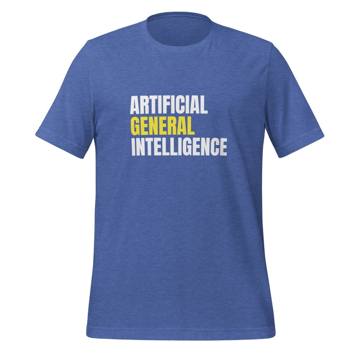 Product mockup photo of the Artificial General Intelligence Stacked (Yellow) T Shirt (unisex) Heather True Royal / M.