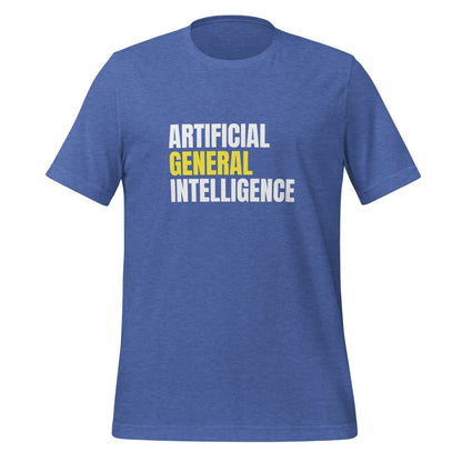 Product mockup photo of the Artificial General Intelligence Stacked (Yellow) T Shirt (unisex) Heather True Royal / M.