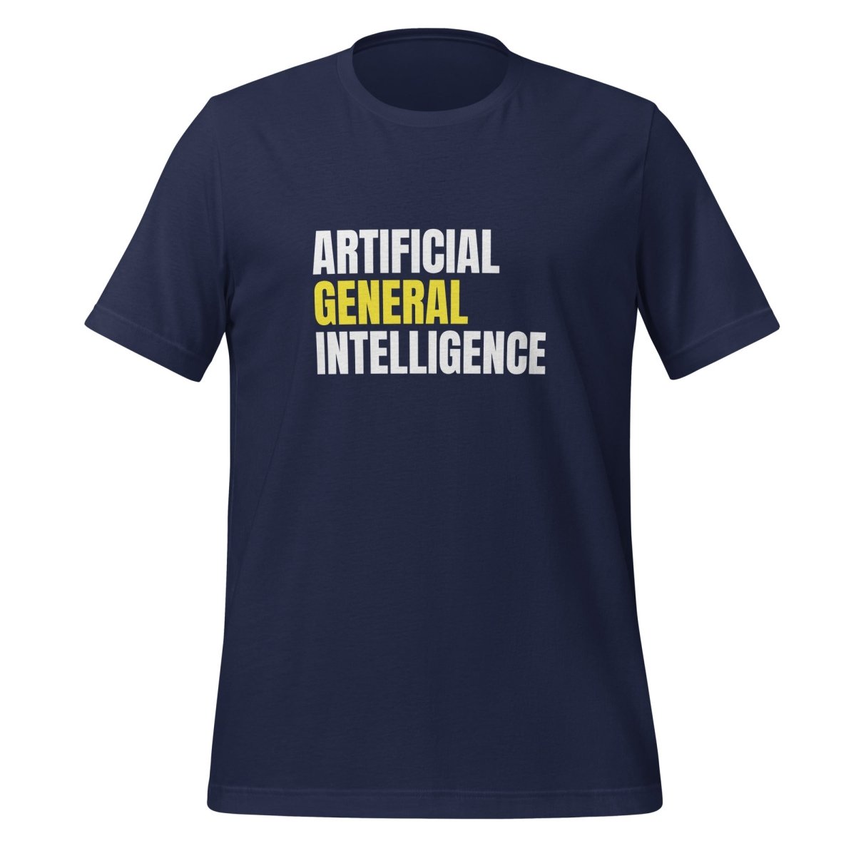 Product mockup photo of the Artificial General Intelligence Stacked (Yellow) T Shirt (unisex) Navy / M.