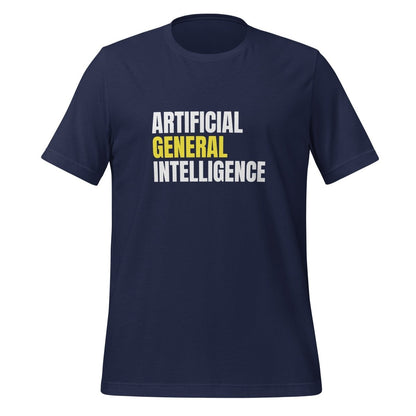 Product mockup photo of the Artificial General Intelligence Stacked (Yellow) T Shirt (unisex) Navy / M.