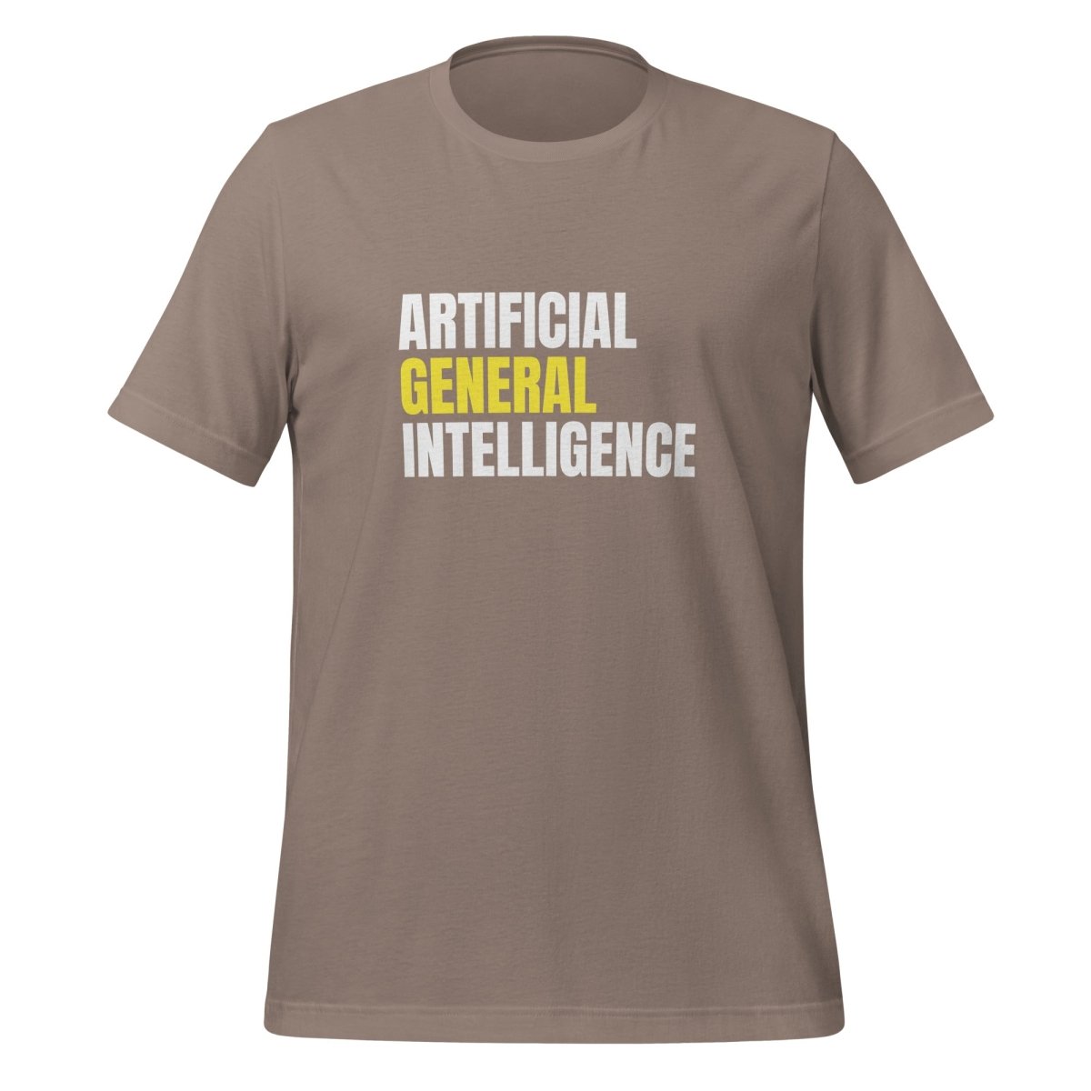 Product mockup photo of the Artificial General Intelligence Stacked (Yellow) T Shirt (unisex) Pebble / M.