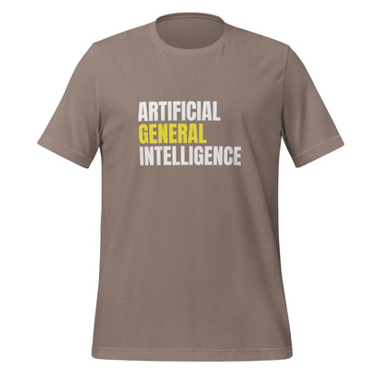 Product mockup photo of the Artificial General Intelligence Stacked (Yellow) T Shirt (unisex) Pebble / M.