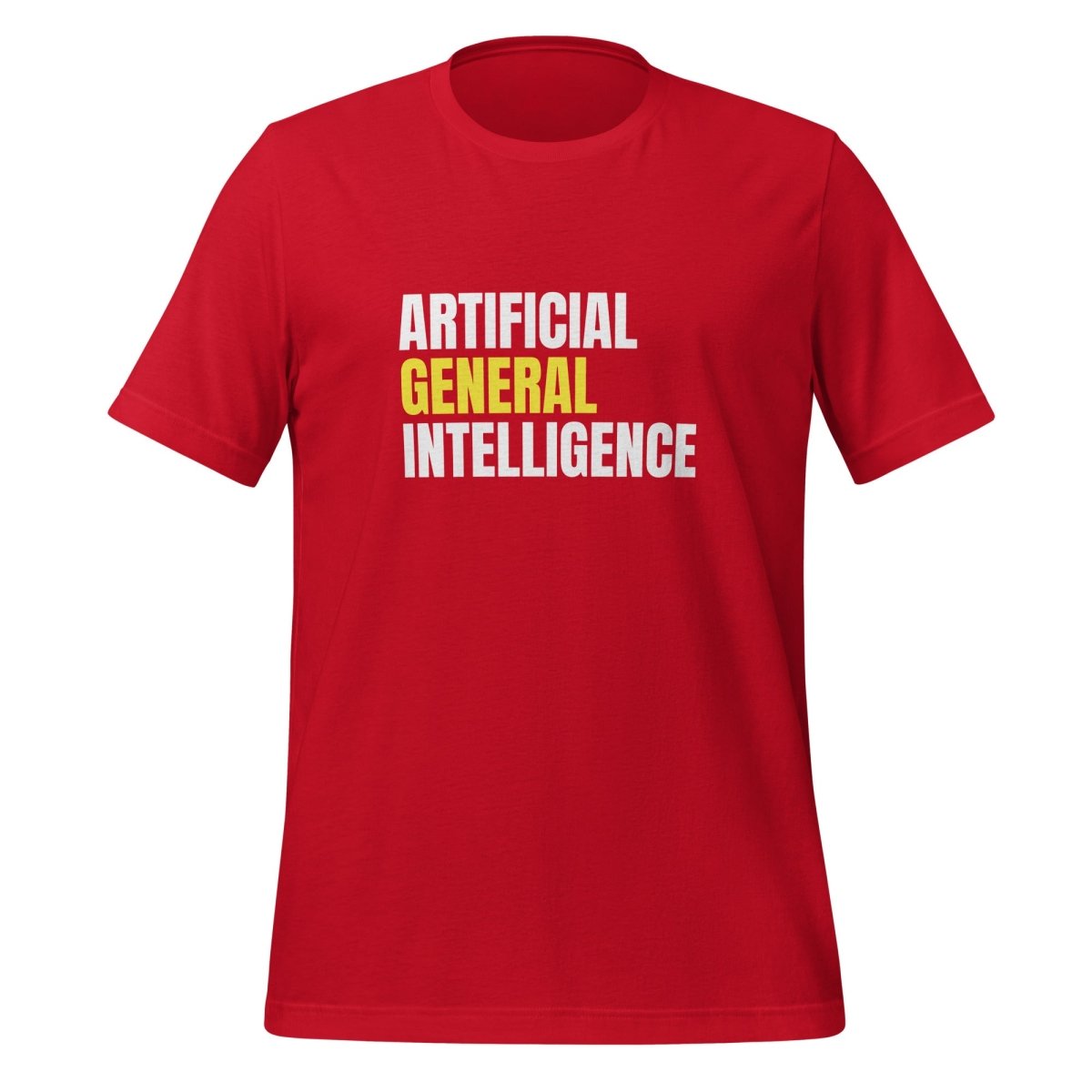 Product mockup photo of the Artificial General Intelligence Stacked (Yellow) T Shirt (unisex) Red / M.