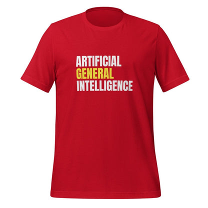 Product mockup photo of the Artificial General Intelligence Stacked (Yellow) T Shirt (unisex) Red / M.