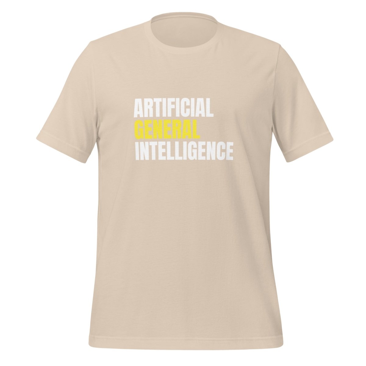 Product mockup photo of the Artificial General Intelligence Stacked (Yellow) T Shirt (unisex) Soft Cream / M.