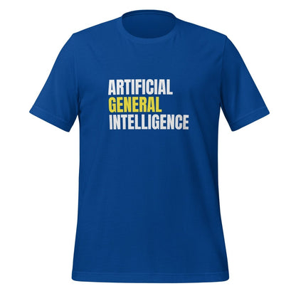 Product mockup photo of the Artificial General Intelligence Stacked (Yellow) T Shirt (unisex) True Royal / M.