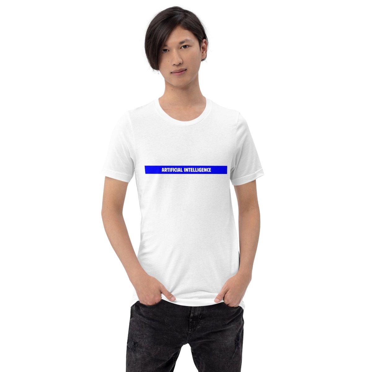 Product mockup photo of the Artificial Intelligence Blue Stripe T Shirt (unisex).
