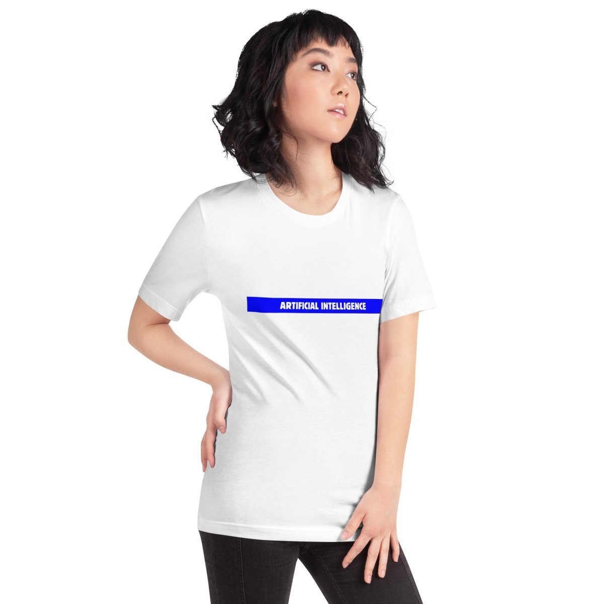 Product mockup photo of the Artificial Intelligence Blue Stripe T Shirt (unisex).