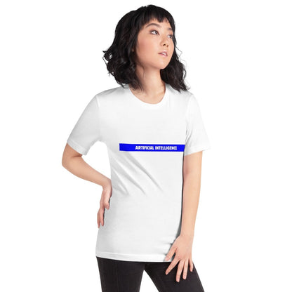 Product mockup photo of the Artificial Intelligence Blue Stripe T Shirt (unisex).