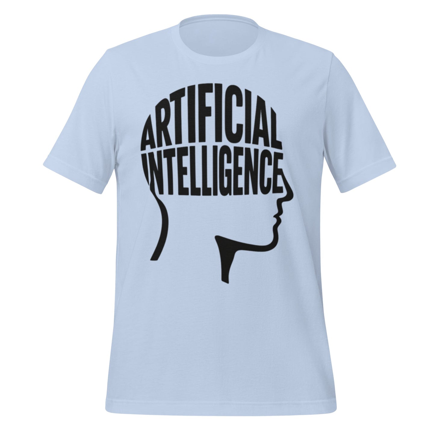 Product mockup photo of the Artificial Intelligence Intelligence Word Form T Shirt (unisex) Baby Blue / M.