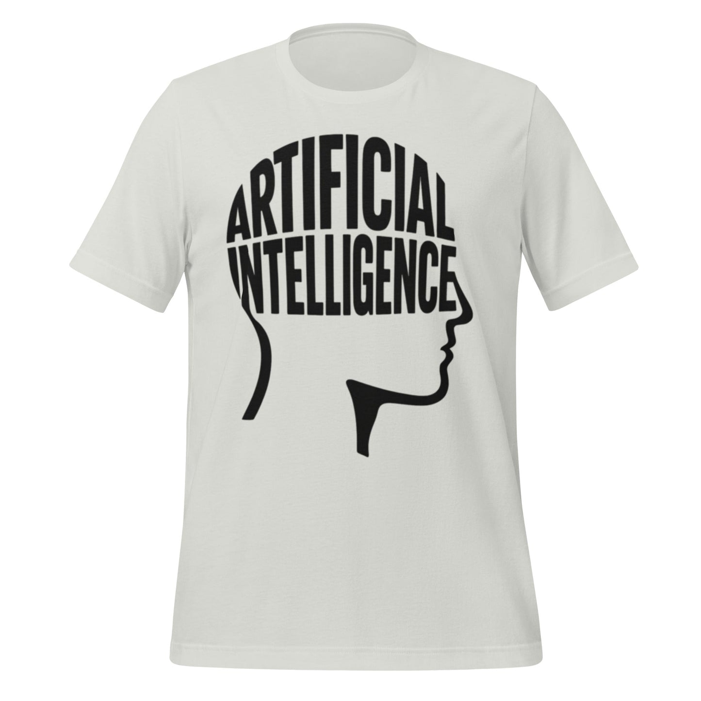 Product mockup photo of the Artificial Intelligence Intelligence Word Form T Shirt (unisex) Silver / M.