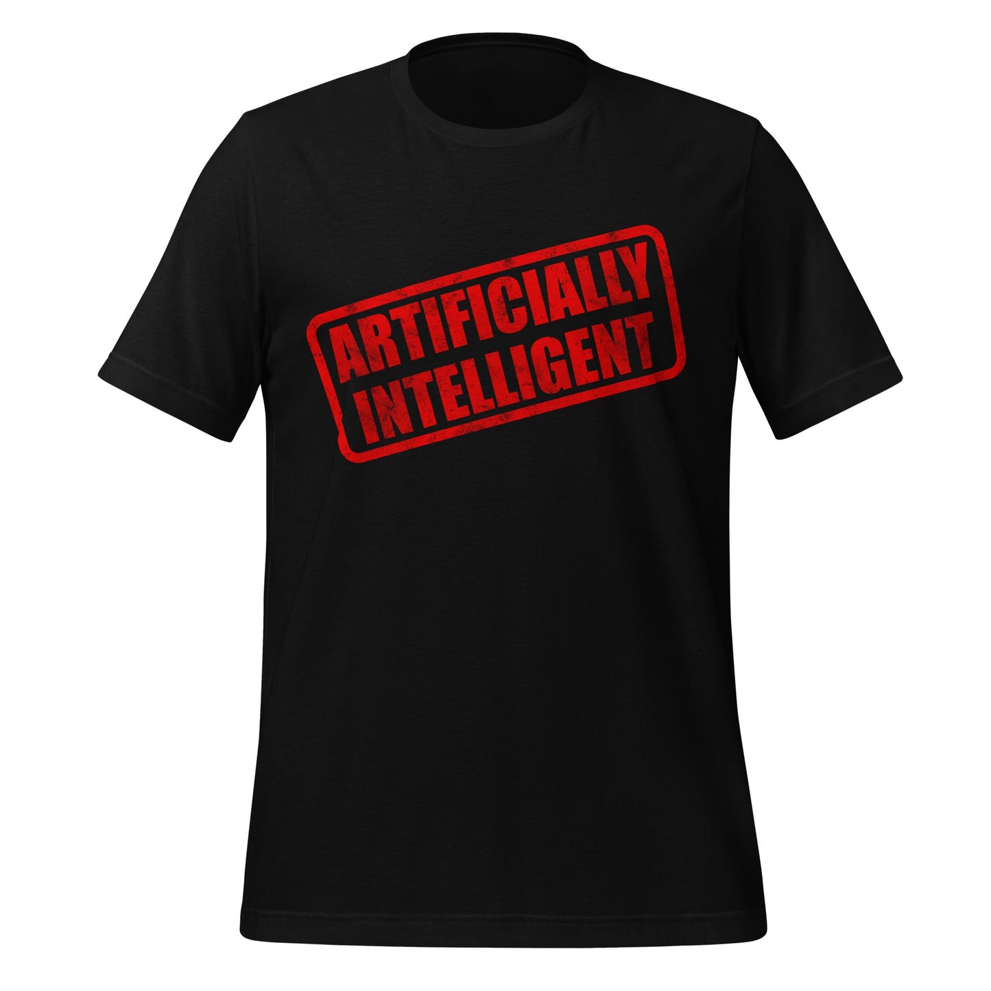 Product mockup photo of the Artificially Intelligent Stamp T Shirt (unisex) Black / M.