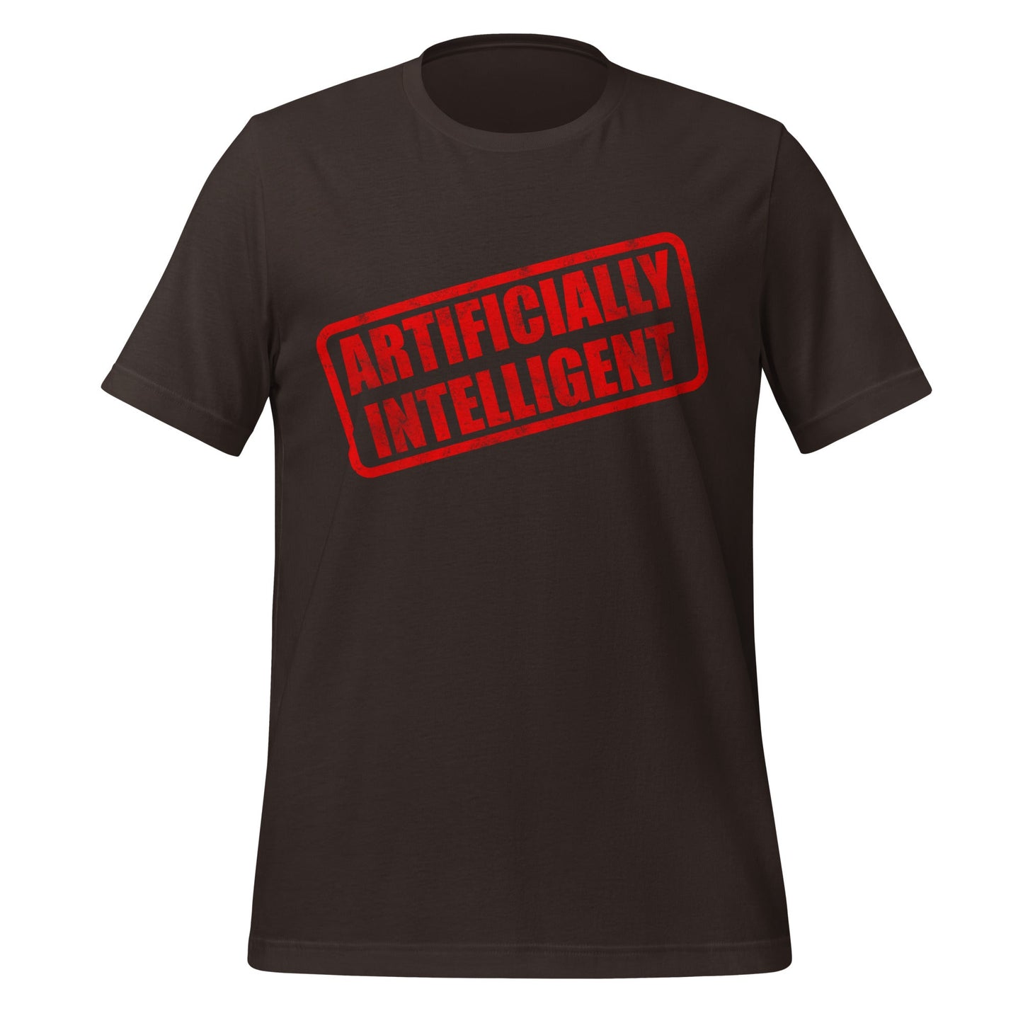 Product mockup photo of the Artificially Intelligent Stamp T Shirt (unisex) Brown / M.